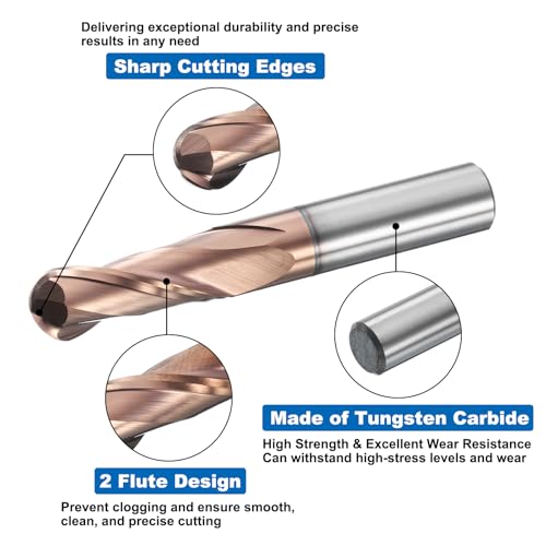 Image of HARFINGTON Ball Nose End Mill 2 Flute 3 /8 inch Diameter 3 /8 inch Shank Tungsten Carbide TiAlN Coated Spiral CNC Router Bits 1 inch Cutting Length Single End Ball for Carving Engraving Grinding