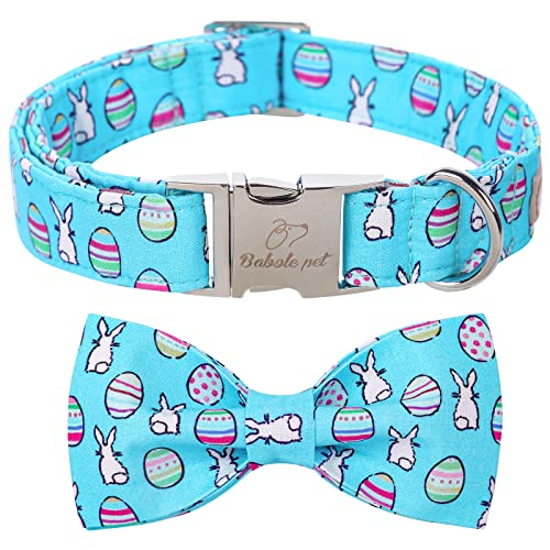 Babole Pet Easter Dog Collar with Bow Tie - Adjustable Easter Bunny Eggs Dog Collar Blue Rabbit Bowtie Metal Buckle Puppy Collars for Small Medium Large Dogs M
