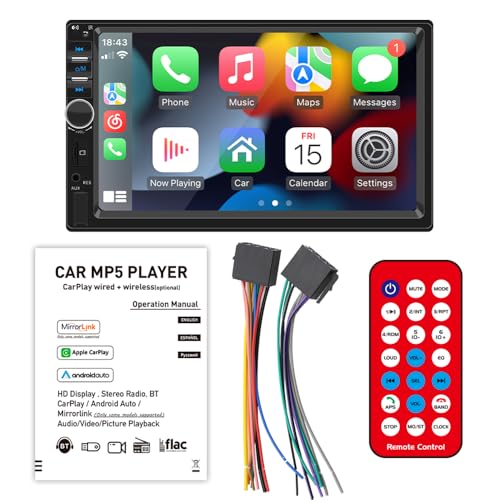 Radio de Coche con Reproductor Carplay con Cable Android, Mirror Link Autoradio 2 DIN Pantalla táctil LCD de 7 Pulgadas, Soporte de Audio estéreo automático FM/MP5/USB/BT/AUX con Control Remoto