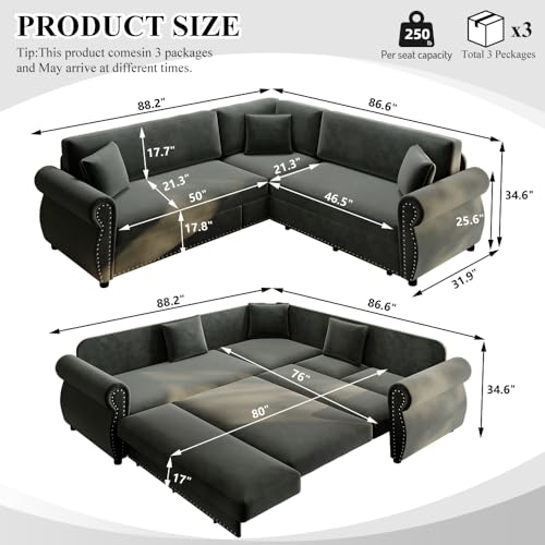 Image of KCGKCG 88.2 inch Sleeper Sofa Bed, Sectional Couches for Living Room /Apartment, Chenille L Shaped Couch with Pull Out Couch Bed, Convertible Sectional Sofa with Rolled Arm & Nailhead Trim, Dark Grey