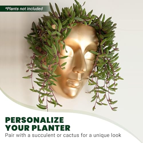 Image of Ceramic Lady Face Wall Hanging Planter | 17.5 x 13.5 cm Abstract Face Vase for Indoor Wall, Living Room, Balcony & Home Decor (Golden)