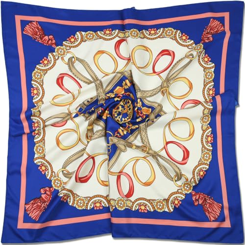 corciova 40 x 40 Women Twill Satin Polyester Silk Feeling Square Hair Wrapping Square Scarfs, Blue Belts Chains