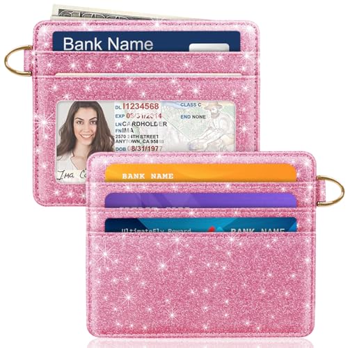 Image of Slim Minimalist Pocket Credit Card Holder Wallet Women | RFID Blocking Lightweight Thin Small Cute Card Cases, Glitter Peach