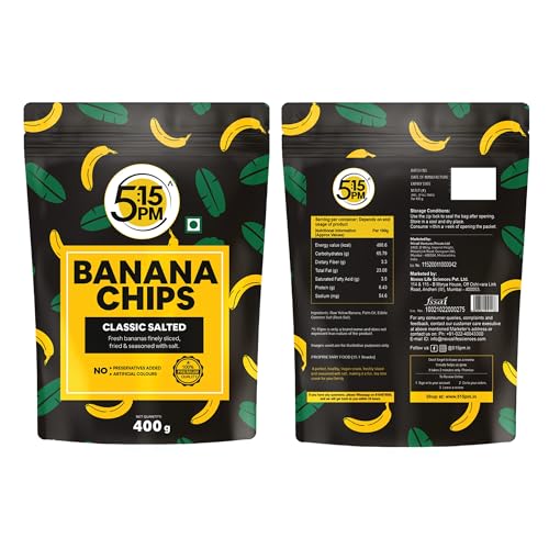 Image of 5:15PM Kerala Banana Chips 400gm Packet - Crispy Yellow Baked Banana chips Wafers | Classic Salted Flavour (Pack of 3)