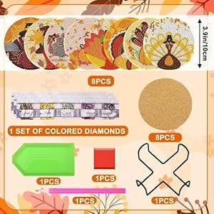UPINS 8Pcs Fall Thanksgiving Diamond Art Painting Art Coasters with Holder Diamond Turkey Art Kits for Adults Kids Beginners Diamond Craft Supplies UPINS 8Pcs Fall Thanksgiving Diamond Art Painting Art Coasters with Holder Diamond Turkey Art Kits for Adults Kids Beginners Diamond Craft Supplies