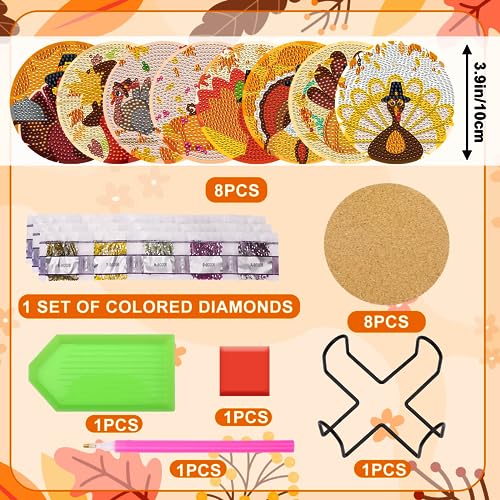 UPINS-8Pcs-Fall-Thanksgiving-Diamond-Art-Painting-Art-Coasters-with-Holder-Diamond-Turkey-Art-Kits-for-Adults-Kids-Beginners-Diamond-Craft-Supplies UPINS 8Pcs Fall Thanksgiving Diamond Art Painting Art Coasters with Holder Diamond Turkey Art Kits for Adults Kids Beginners Diamond Craft Supplies