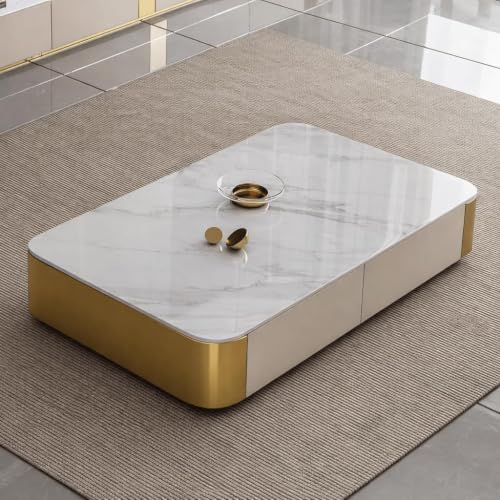 Image of WOODEN SPACE Jaguar Modern Marble Top Coffee Table with Storage | 47.24 Inch Rectangular Centre Table for Living Room | High Gloss Finish (Beige)