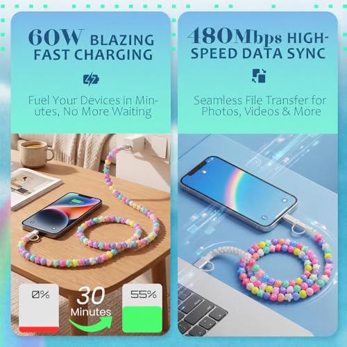Image of 4-in-1 Beaded Charging Cable, MFi Certified, Works with CarPlay, 3.3FT 60W Fast Charger Cord for iPhone 17 /16 /15 /14 /13 /12 /11, iPad, Samsung, Android and More (Pastel Charms)