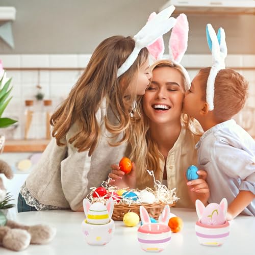 JarThenaAMCS Eierbecher aus Keramik, Set mit 4 bunten niedlichen Kaninchen, Porzellan-Eierhalter, Dekorationen, gekochte Kochutensilien, stabil, leicht zu reinigen, für Ostern, Frühstück, Party, Essen – Bild 7