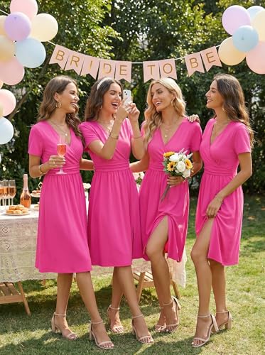 Image of OUGES Casual Summer Dress for Women Wrap V Neck A Line Midi Dresses with Pockets