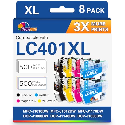 LC401 LC401XL Ink Cartridges for Brother Printer Replacement for Brother MFC-J1010DW Ink Cartridges MFC-J1170DW MFC-J1012DW DCP-J1800DW J1140DW (2Black 2Cyan 2Magenta 2Yellow, LC401XL Ink) 8 Pack