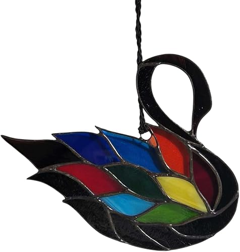 Handmade Stained Glass Black Swan Sun Catcher with Rainbow Tiffany Style Bird Art, Colorful Window Decor, Unique Gift for Bird Lovers