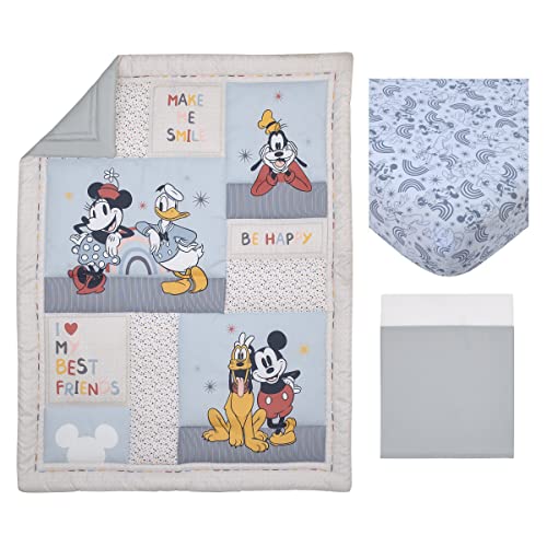 Image of Disney Mickey and Friends Grey, Blue, Gold and Red Mickey Mouse, Minnie Mouse, Donald Duck, Pluto and Goofy 3 Piece Nursery Crib Bedding Set - Comforter, Fitted Crib Sheet and Crib Skirt