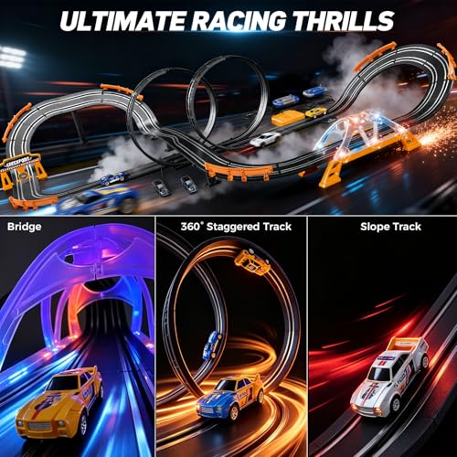 Image of Slot Car Race Track Sets with 4 High-Speed Racing Slot Cars Electric Dual Racing Game with 2 Controllers Circular Overpass Track Featuring Flash Bridge Pendulum Gifts Toys for Boys Kids Age 6 7 8-12