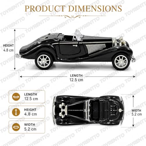 Image of 1:36 Scale Vintage Diecast Metal Roadster Toy Car, Openable Doors, Pull Back Action Classic Retro Model, Detailed Interior Collectible Gift for Kids Boys Girls Adults (Black)