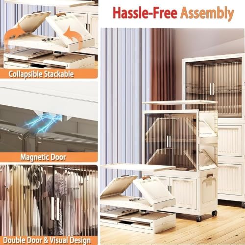 Image of Plastic Wardrobe for Cloths | 3 Layer Stackable Almirah with Hanging Rod, Transparent Doors, Wheels | Foldable Storage Cabinet Organizer for Clothes /Books /Toys