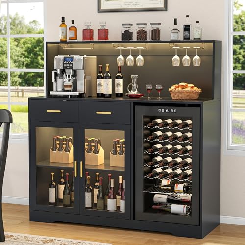 Gyfimoie Wine Bar Cabinet with Mini Fridge Space, 53" Wide Large Coffee Bar Cabinet with LED Lights and Outlets, Home Liquor Storage Cabinets with Glass Doors for Living Room, Dining Room, Kitchen