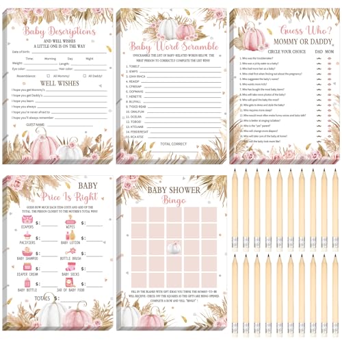 Yinder 145 Pcs Boho Pink Pumpkin Baby Shower Games Fall a Little Pumpkin is on The Way Baby Shower Activities Cards with 20 Pencils Includes Bingo Description and Wishes Guess Word Scramble Game