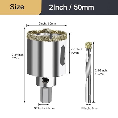 Miniatura 2 de ASNOMY Sierra de agujero de diamante de 2 pulgadas (1.969in) con broca piloto, sierra de agujero recubierta de punta de diamante de 2 pulgadas con
