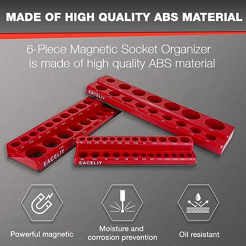 6-Piece Magnetic Socket Organizer Set, 1/2", 1/4" and 3/8" SAE & Metric Deep & Shallow Socket Holder Kit, holds 141 stanard Sockets, attaches to steel box/tool cart (sockets not included)