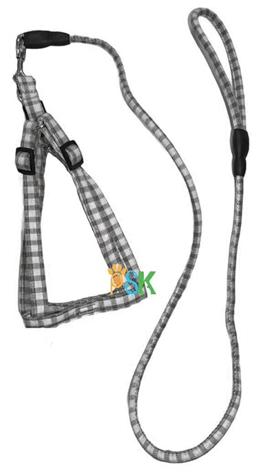 PSK PET MART 15 MM Puppy Cotton Harness & Leash Set for Small & Medium Dog Breeds(Black- White Color)