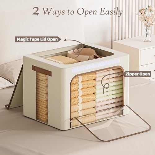 Image of Yecaye Clothes Storage Bins with Metal Frame, Foldable Clothing Storage Bin with Lid, Stackable Oxford Fabric Organizer Box With Clear Window & Zippers & PU Leather Handles (3 Pack,Beige,40L)