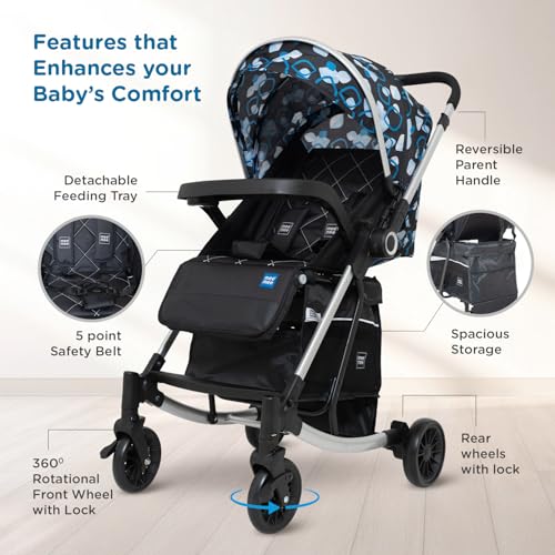 Image of Mee Mee Dream Rocker Baby Stroller /Pram (0-3 Years) | Rocking Feature with 5-Point Safety Harness | 3 Recline Seat Positions, 360 Swivel Wheels, Reversible Handlebar & Spacious Storage Basket