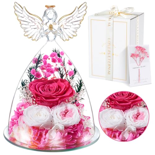 Rosa Eterna Regalos Originales para Mujer, Flores Preservadas en Ángel Figura, Regalos para Mamá Madre Abuela Esposa Novia Cumpleaños día de San Valentín Navidad Acción de Gracias Aniversario
