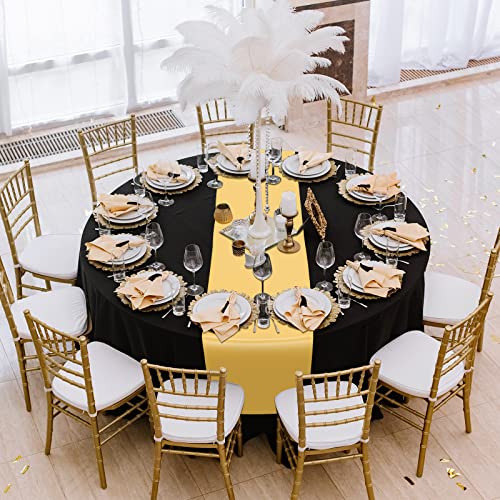 Image of 12 Pack 12x108 Inch Satin Table Runner and 84 Inch Round Plastic Tablecloths Set Black and Gold Disposable Round Table Cover for Graduation Wedding Bridal Shower Anniversary Birthday Party Decorations