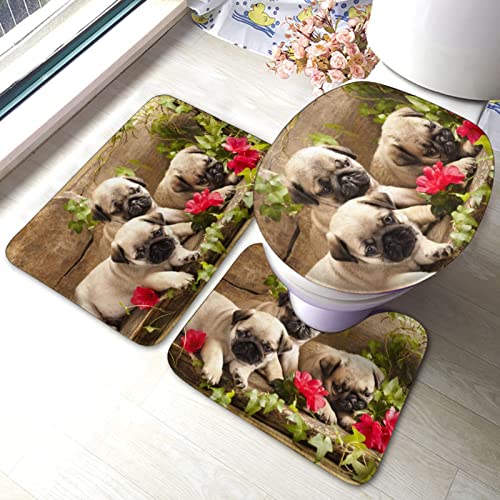DIRYKILP Badematte + Konturmatte + Toilettendeckelbezug, Mops Welpen Blumen Retro 3 Stück Badematte Set, mit Anti-Rutsch-Klebeboden
