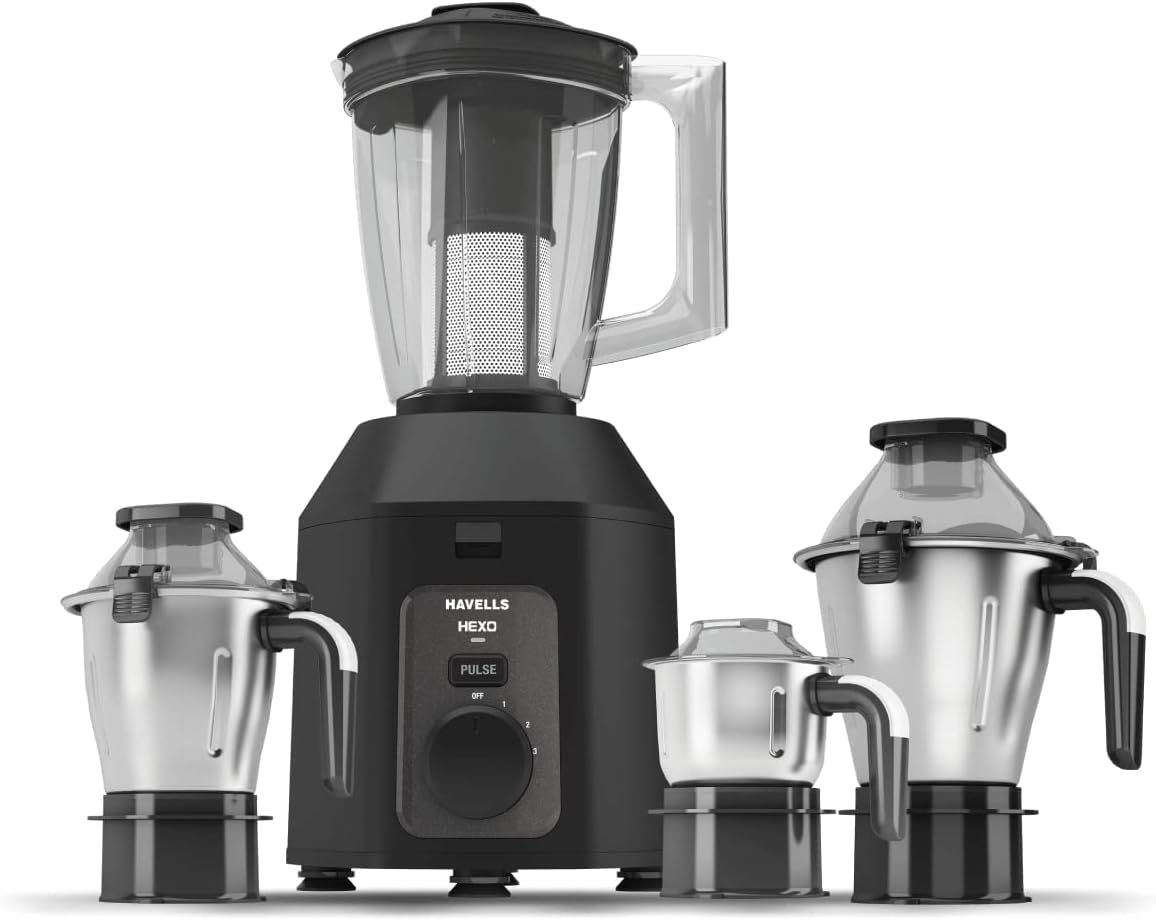 Havells Hexo Plus 1100 watts 4 Jar Mixer Grinder I 2.5 Kg Double Ball Bearing Copper Motor I 22000 RPM I 100 Minutes Run Time I Metal Teeth Coupler & Jar Base IPolycarbonate Jar, Lids with Lock