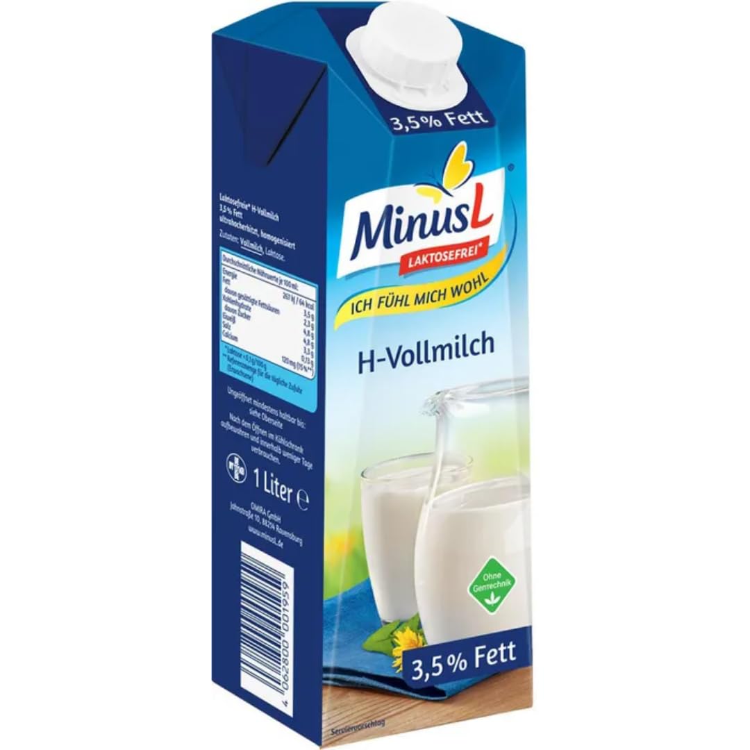 MinusL Milch Laktosefreie H-Milch 3,5% Fett Haltbare Milch, je 1 Liter, 20 Stück+ pufai