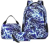 Mochila para meninos do ensino fundamental para crianças, bolsa de livros Lightning, laptop, mochilas escolares à prova d'água com lancheira, 1 conjunto azul com 3 peças, Large, Relâmpago