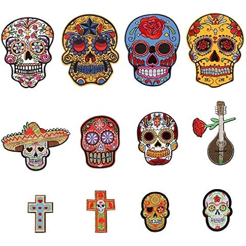 Mexican Art Sugar Skull 12 Pieces Day of The Dead Iron on Patches Aesthetic Applique Decoration Cover