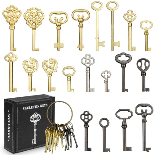 Skeleton Key 20PCS Universal Hollow Barrel Antique Keys for Vintage Furniture Jewelry Box Curio Cabinet & Old Doors Lock Replacement