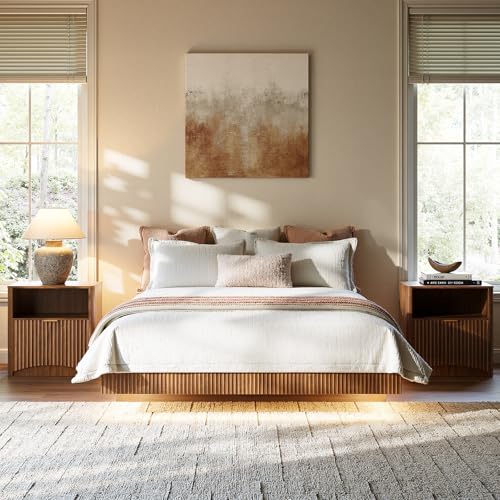 Image of Evermagin Walnut Queen Floating Bed Frame with led Lights, Fluted Platform Bed No Headboard, Heavy Duty Mid Century Modern Float Metal Bedframe, No Box Spring Needed (Walnut, Queen-10in high)