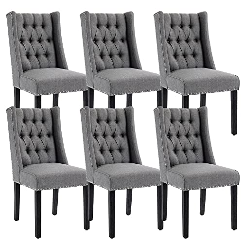 Kcc Accent Dining Chairs Set Of 6, Upholstered Back Tufted Cloth Chairs With Solid Wood Legs For Home Kitchen, Gray #TOP21