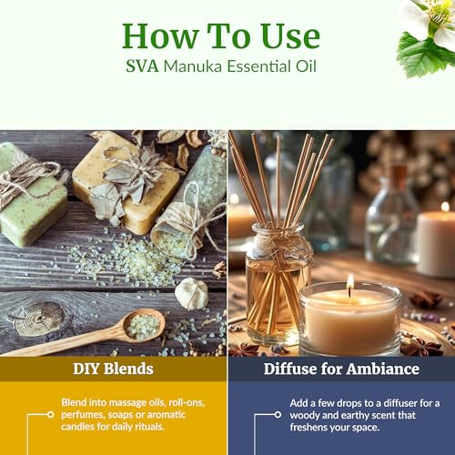 Image of SVA Manuka Essential Oil 1 /3 Fl Oz - for Diffuser, Skin & Hair Care - Ideal for Massage & DIY Blends - with Dropper