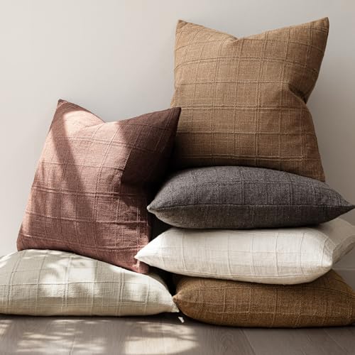 Image of Foindtower Set of 1 Decorative Linen Check Throw Pillow Cover Neutral Farmhouse Vintage Cushion Cover Modern Boho Home Decor for Sofa Chair Couch Bedroom Living Room,18x18 Inch,Autumnal Red