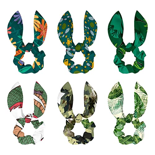 Lot de 6 chouchous en satin motif feuilles tropicales vertes avec nœud papillon amovible