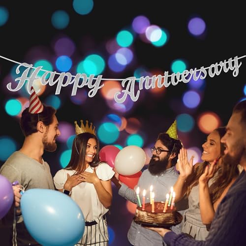 Image of Flyloons 4th Happy Anniversary Banner Silver Decorations Kit for Men Women Wedding Anniversary Banner Items without Balloons