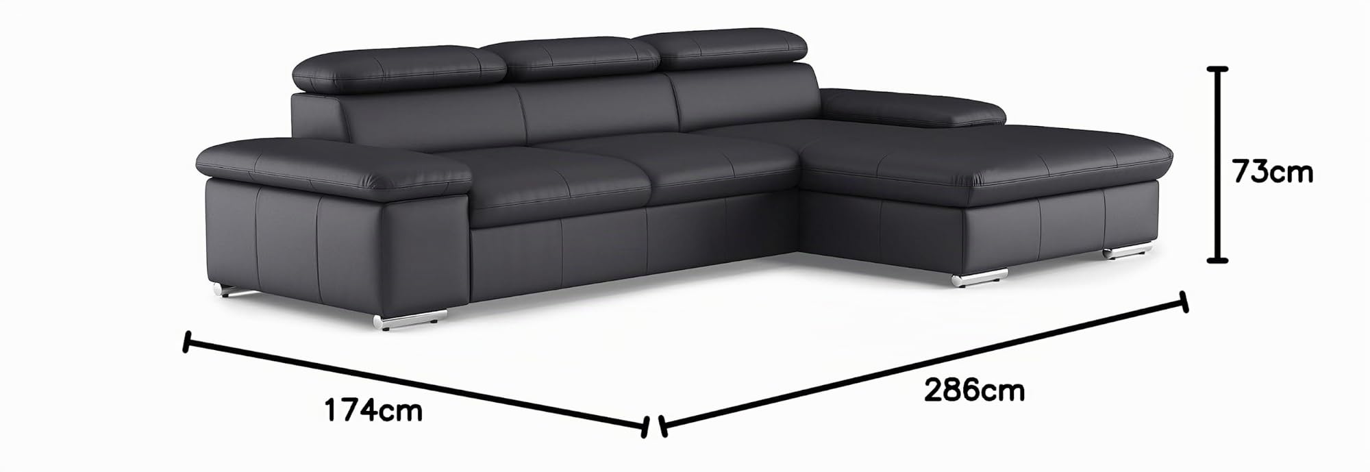 CAVADORE Leder-Schlafsofa Valerie mit XL-Longchair / Eckcouch mit Schlaffunktion, Kopfteilverstellung + großem Longchair / 286 x 73 x 174 / Echtleder Schwarz
