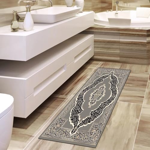 Alfombra de cocina antideslizante gris con diseño vintage lavable 4
