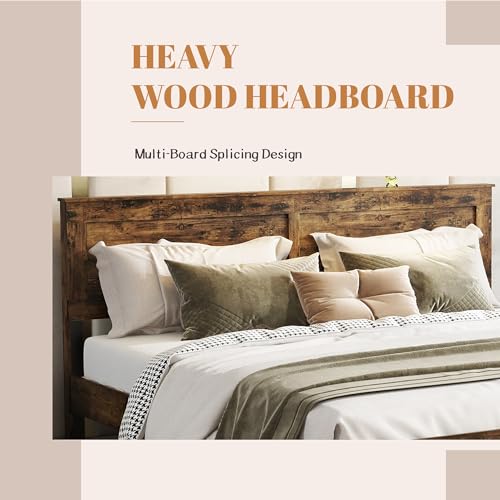Image of Bellemave Rustic Vintage King Size Bed Frame with Headboard,Wooden Platform Bed Frame King Size with Wood Slats,Easy Assembly,Dark Brown