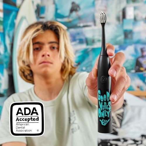 Image of Made by Dentists Sonic X Electric Toothbrush - Rechargeable Kids Sonic Toothbrush, 8X Plaque Removal, 2 Speed Modes, 2-Minute Timer 6 Brush Heads Included, Tweens Ages 7+, Good Vibes Only Edition