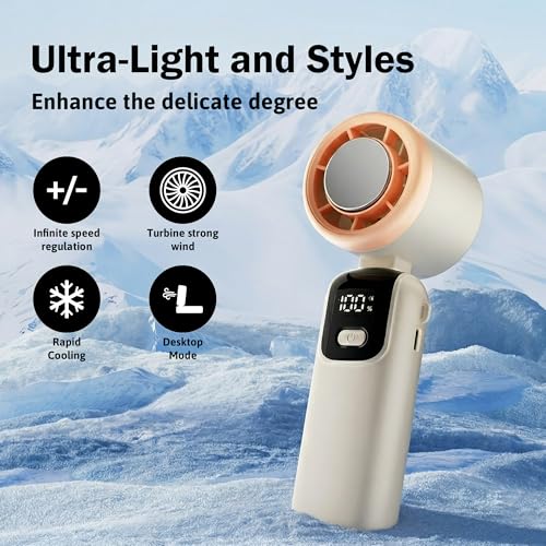 Image of OLV Mini Portable Hand Fan, 14000 RPM High Speed with Ice Frost Touch Mode, 2400mAh USB Rechargeable Battery, LED Battery Display, 90 Rotatable Mini Fan for Travel, Office, Makeup & Outdoor White