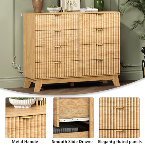 Image of Wodeer 8 Drawer Fluted Dresser for Bedroom, Mid Century Modern Wooden Dresser with 8 Drawers, Dressers & Chests of Drawers with Metal Handle, TV Stand & Storage Organizer for Entryway, Hallway, Oak