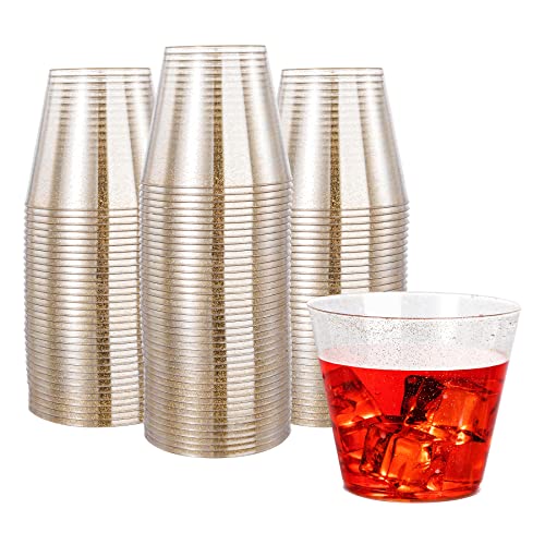 N9R 100 Pack Gold Plastic Cups 9Oz, Gold Glitter Plastic Cups Disposable, Elegant Wedding Cups And Party Cups #TOP5