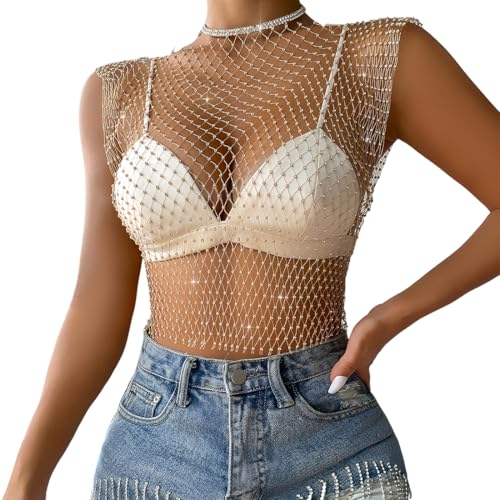 KSJEHW Rhinestone brillante malla cuerpo cadena tops para mujeres brillante bikini crop top para discoteca fiesta festival(Blanco, M)