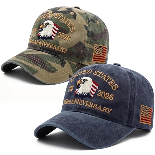 2 Pack USA 250th Anniversary Patriotic Embroidered Baseball Cap 1776-2026, American Eagles Hat-Adjustable Cap for Men&Women (US, Alpha, One Size, Navy Blue+Camouflage)